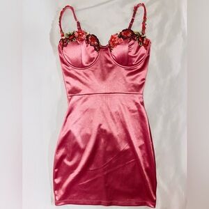 Windsor Rose Satin Dress with Embroidered Accents